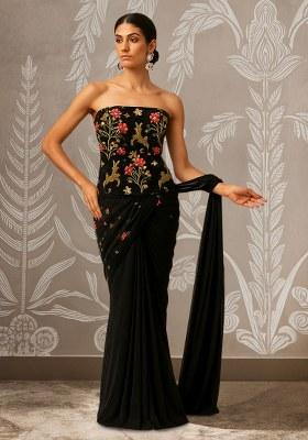 Black Embroidered Velvet Pre Draped Saree Set