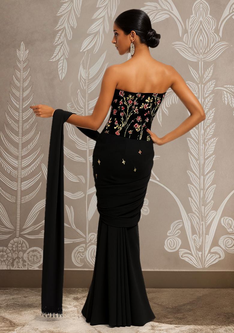 Black Embroidered Velvet Pre Draped Saree Set - Indya