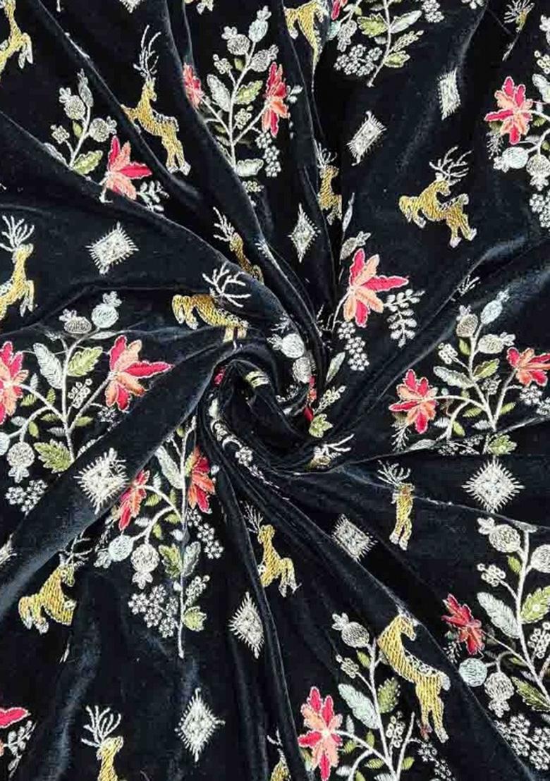 Black Embroidered Velvet Pre Draped Saree Set - Indya