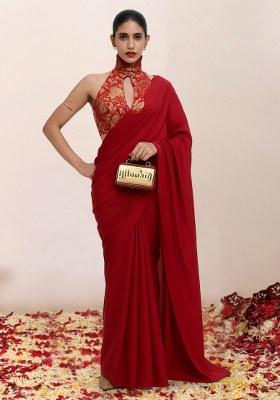 Red Brocade Pre Draped Saree Set