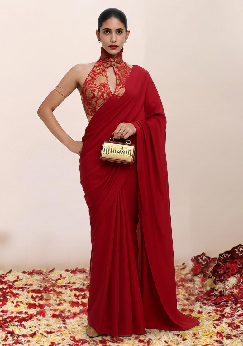 Red Brocade Pre Draped Saree Set
