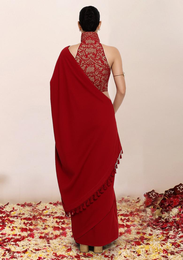 Red Brocade Pre Draped Saree Set