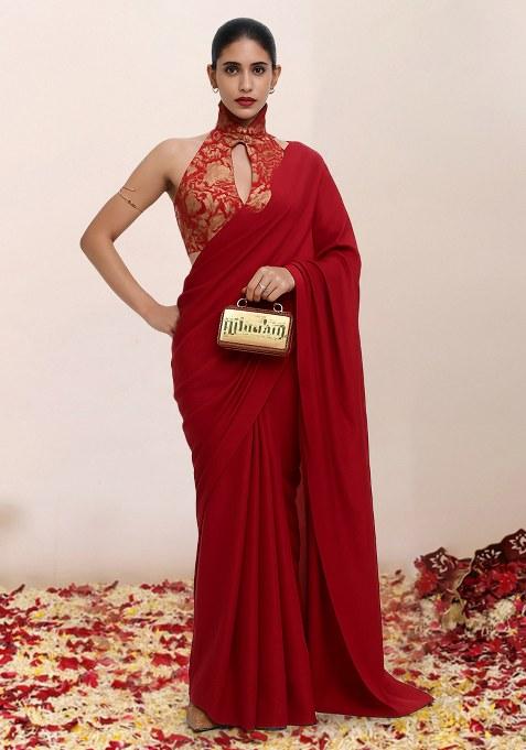 Red Brocade Pre Draped Saree Set