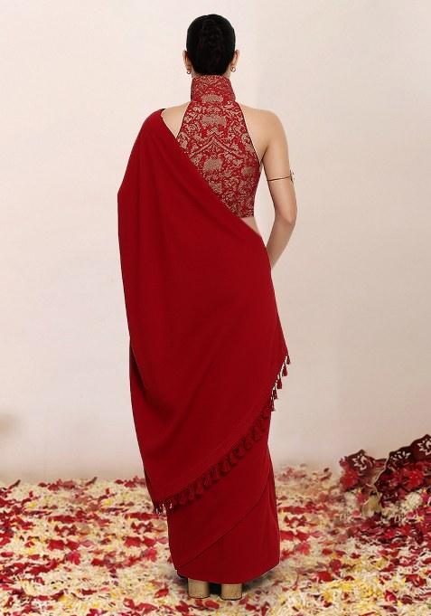Red Brocade Pre Draped Saree Set