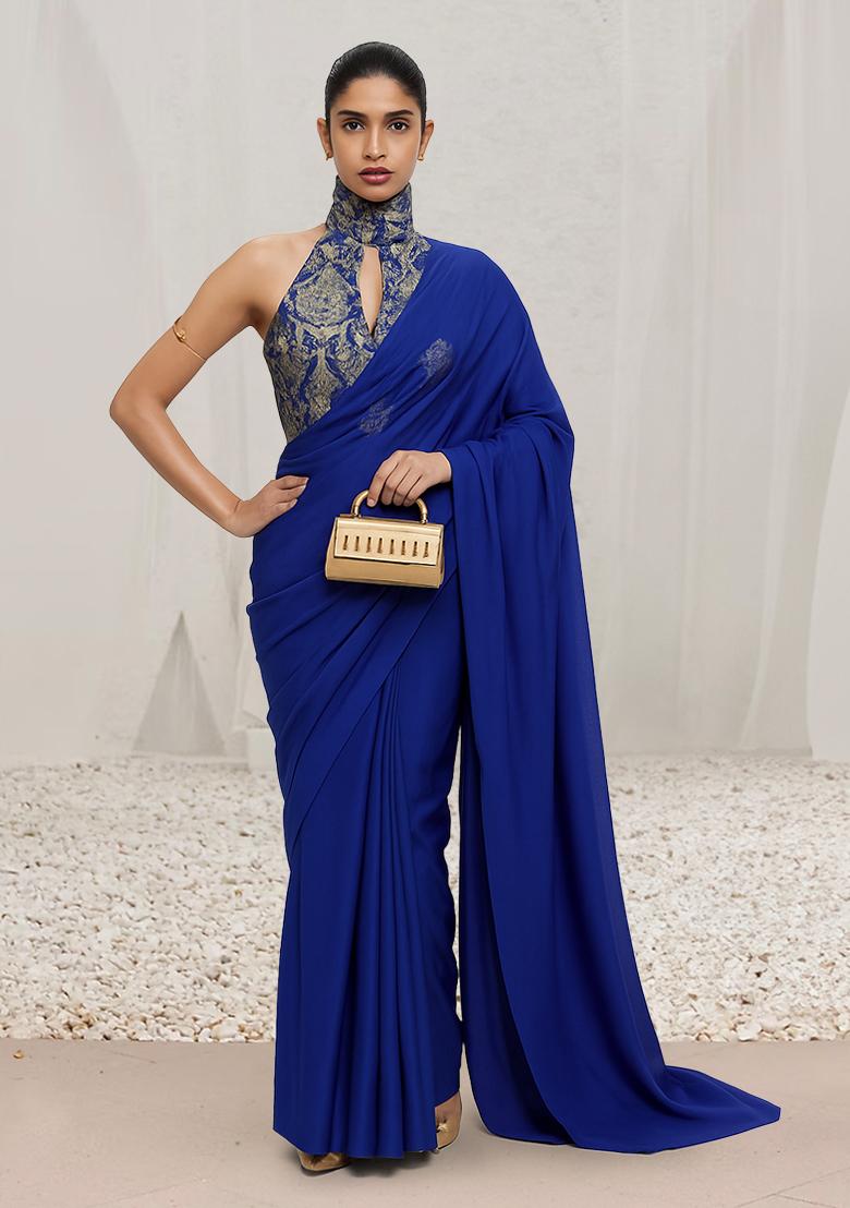 Navy Blue Brocade Pre Draped Saree Set