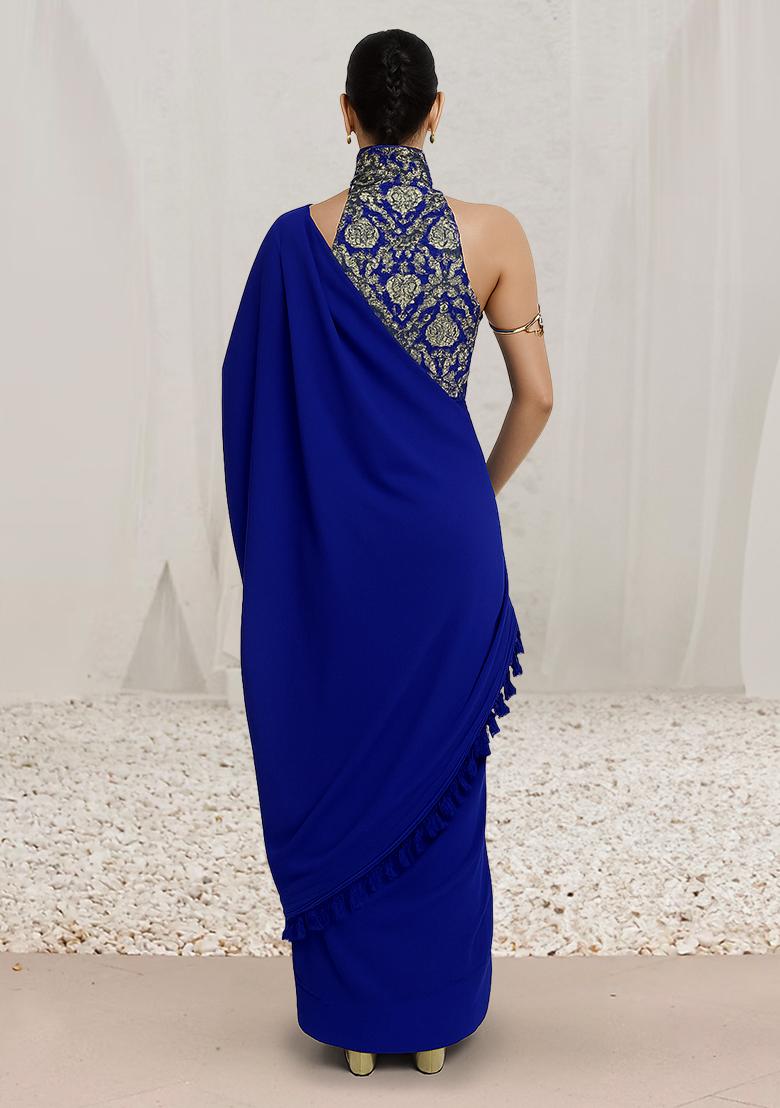 Navy Blue Brocade Pre Draped Saree Set - Indya