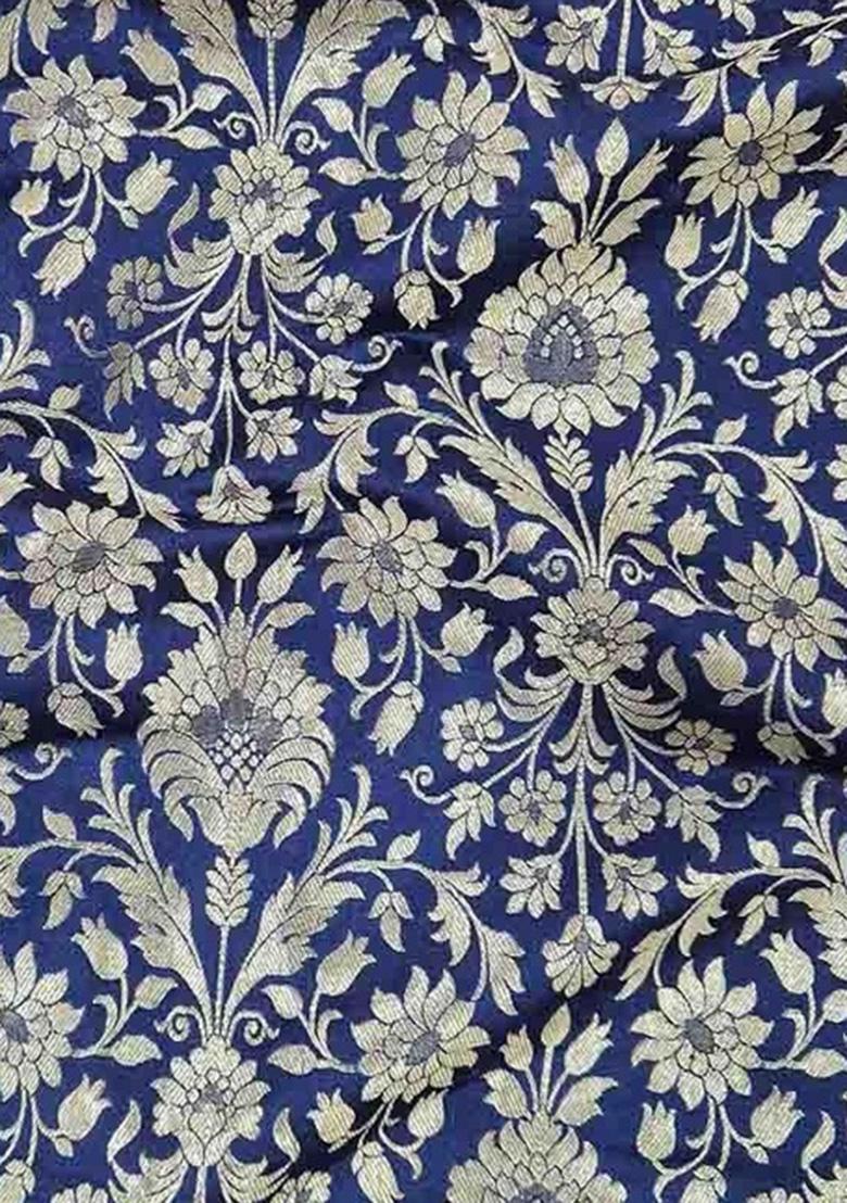 Navy Blue Brocade Pre Draped Saree Set