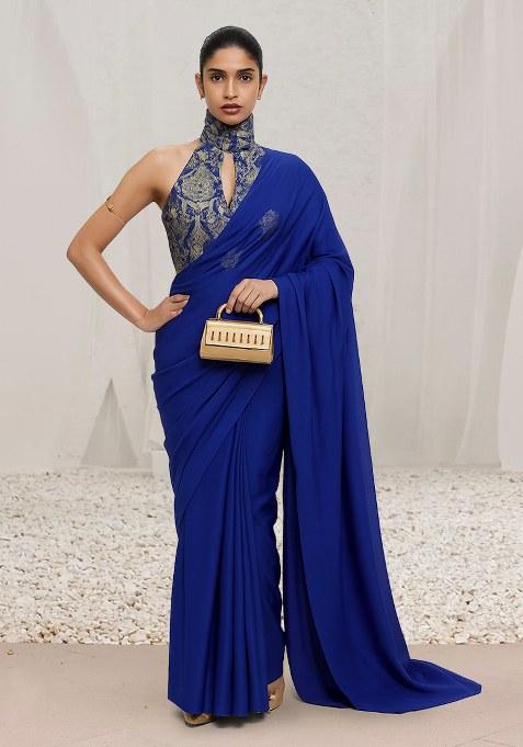 Navy Blue Brocade Pre Draped Saree Set
