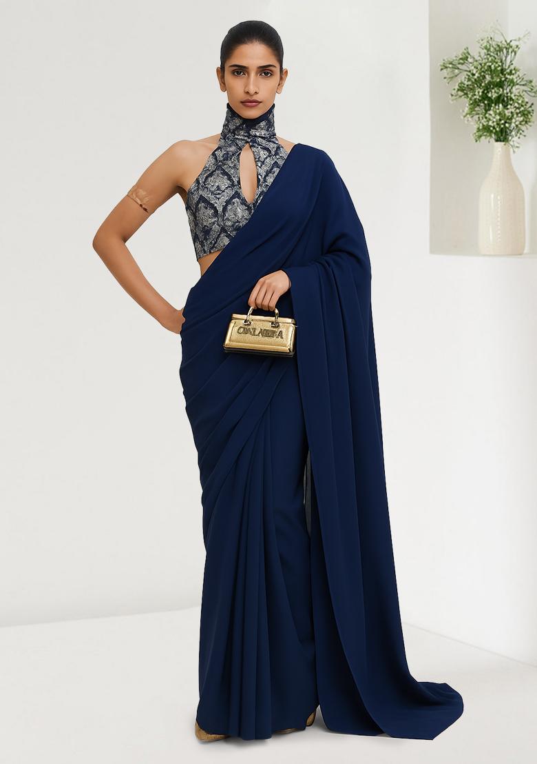 Black Brocade Pre Draped Saree Set