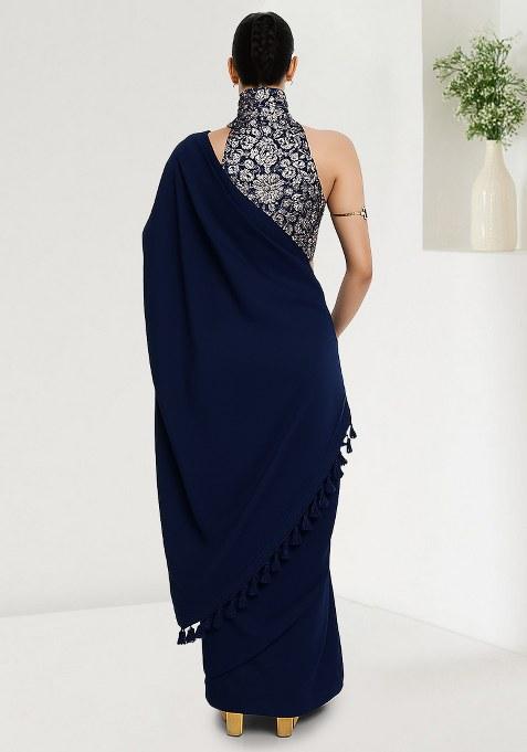 Black Brocade Pre Draped Saree Set