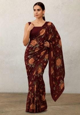 Brown Floral Print Georgette Pre Draped Saree Set