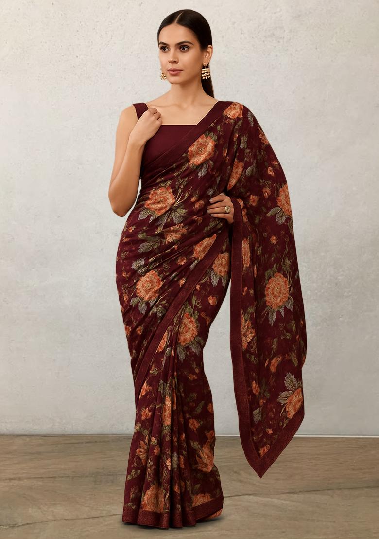 Brown Floral Print Georgette Pre Draped Saree Set