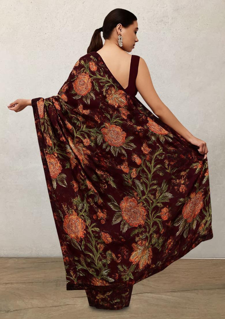 Brown Floral Print Georgette Pre Draped Saree Set - Indya