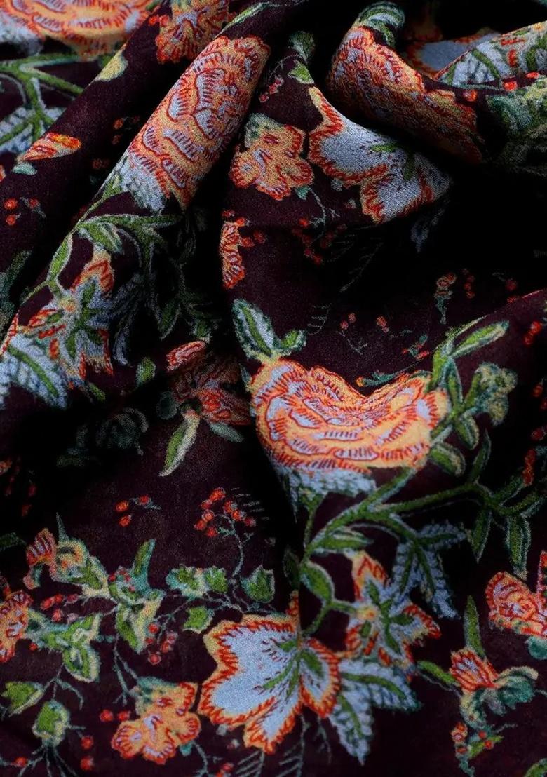 Brown Floral Print Georgette Pre Draped Saree Set - Indya