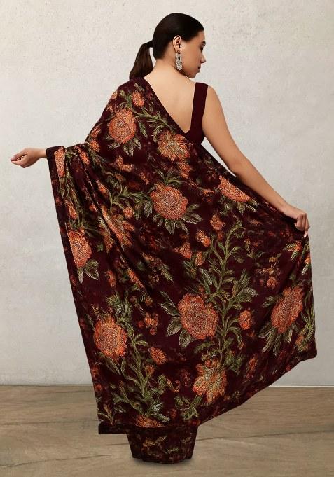 Brown Floral Print Georgette Pre Draped Saree Set