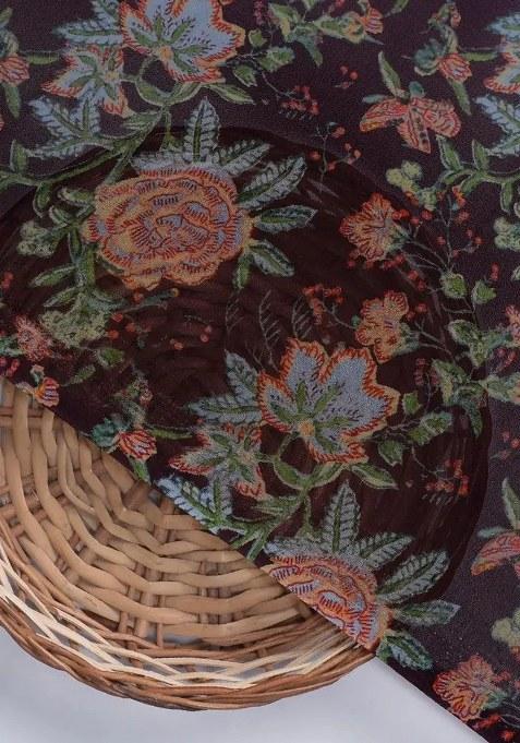 Brown Floral Print Georgette Pre Draped Saree Set