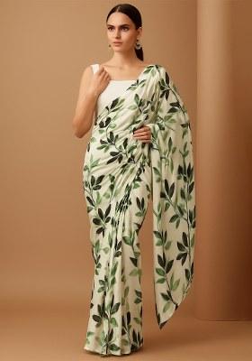 Green Floral Print Satin Pre Draped Saree Set