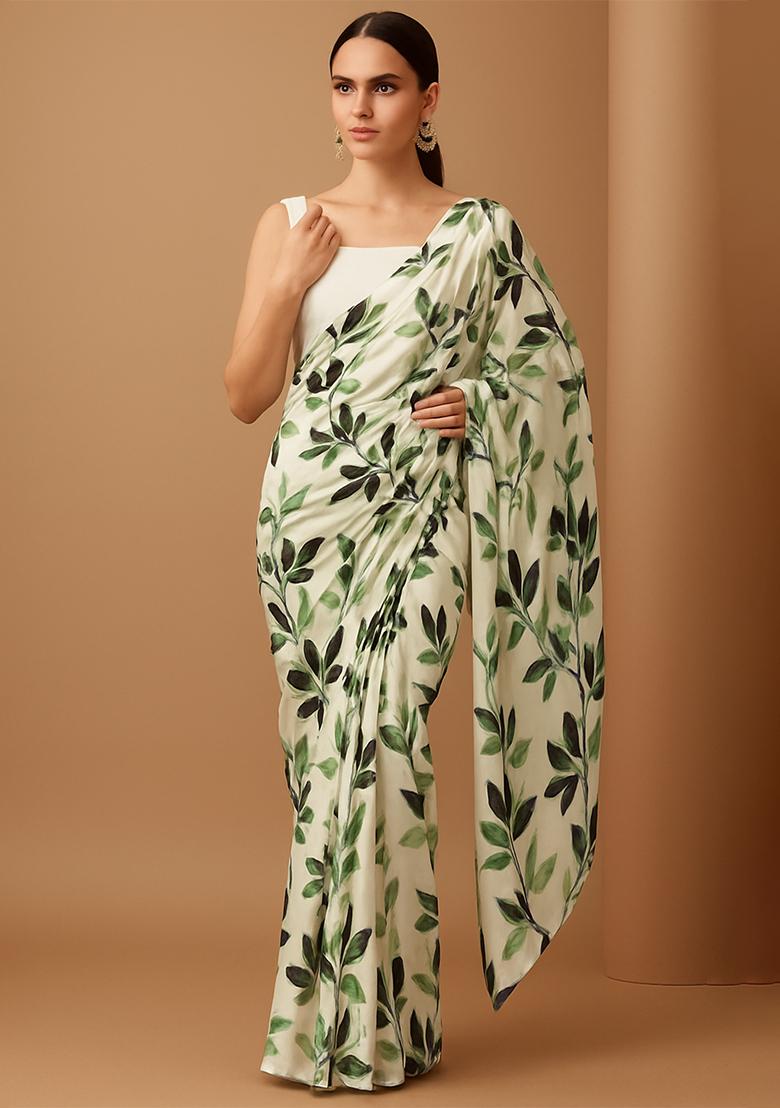 Green Floral Print Satin Pre Draped Saree Set