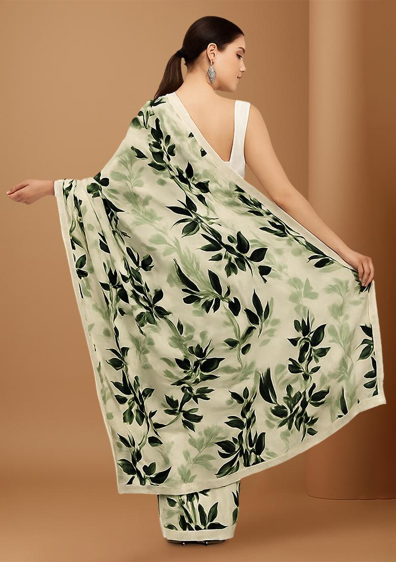 Green Floral Print Satin Pre Draped Saree Set