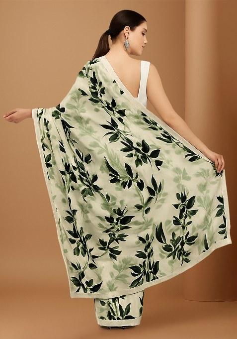 Green Floral Print Satin Pre Draped Saree Set