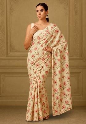 White Floral Print Satin Pre Draped Saree Set