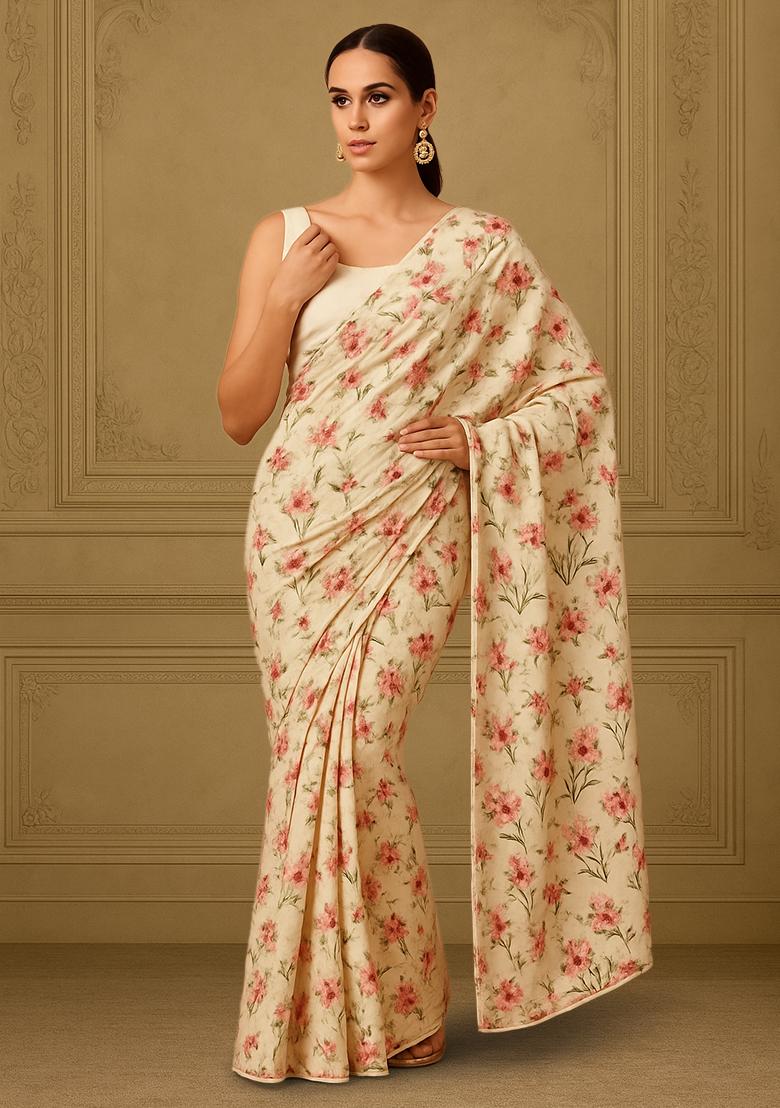 White Floral Print Satin Pre Draped Saree Set