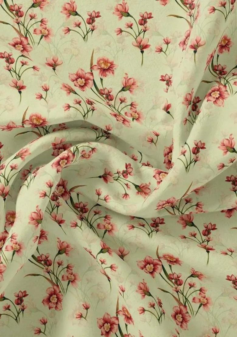 White Floral Print Satin Pre Draped Saree Set