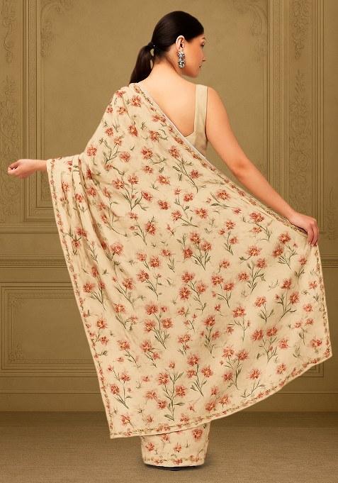 White Floral Print Satin Pre Draped Saree Set