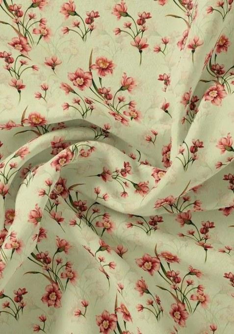 White Floral Print Satin Pre Draped Saree Set