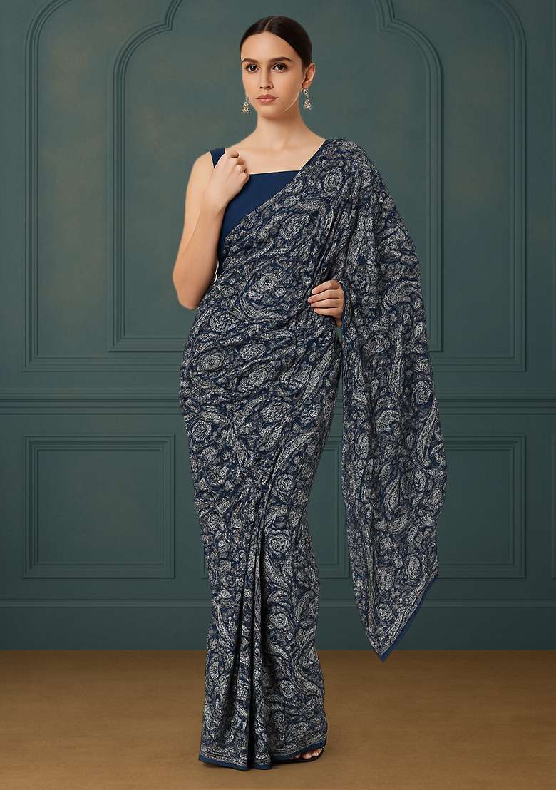 Navy Blue Abstract Print Satin Pre Draped Saree Set for Diwali and Festive Wear - Indya
