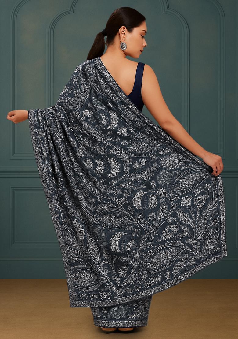 Navy Blue Abstract Print Satin Pre Draped Saree Set - Indya