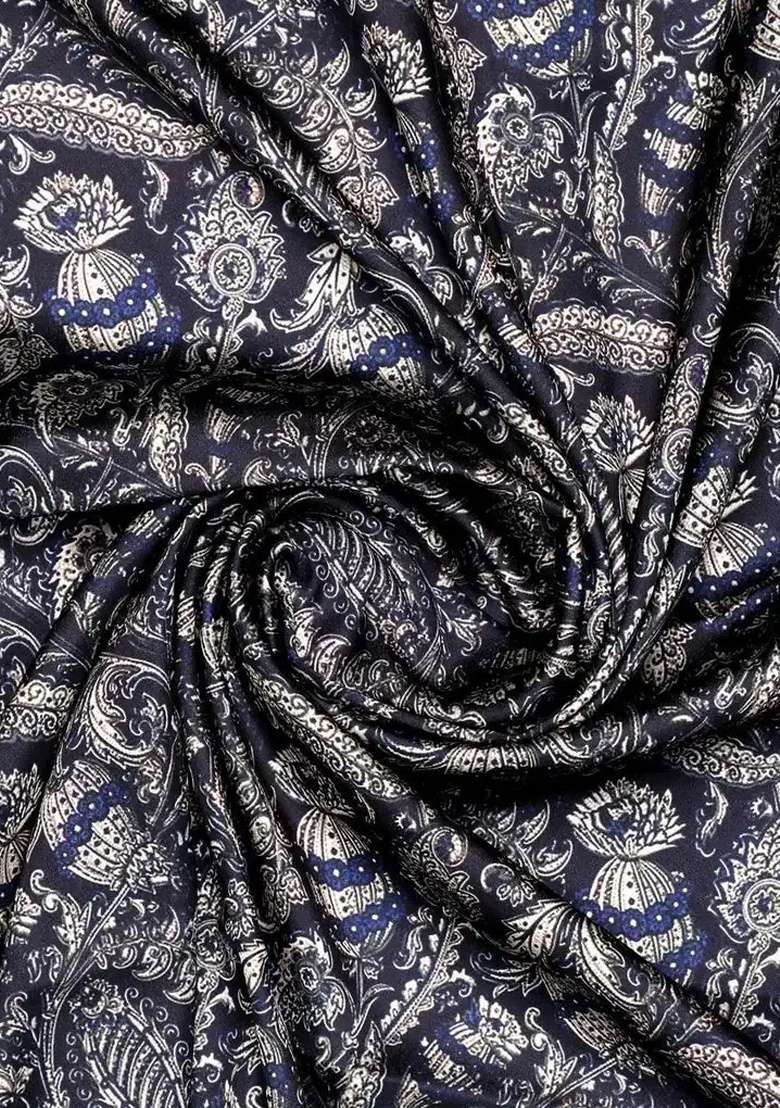 Navy Blue Abstract Print Satin Pre Draped Saree Set for Diwali and Festive Wear - Indya