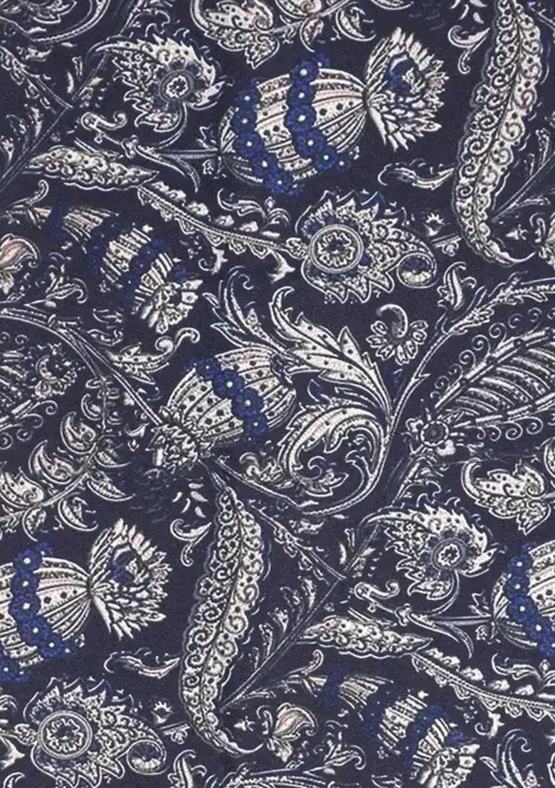 Navy Blue Abstract Print Satin Pre Draped Saree Set - Indya