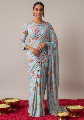Blue Floral Print Chinon Pre Draped Saree Set