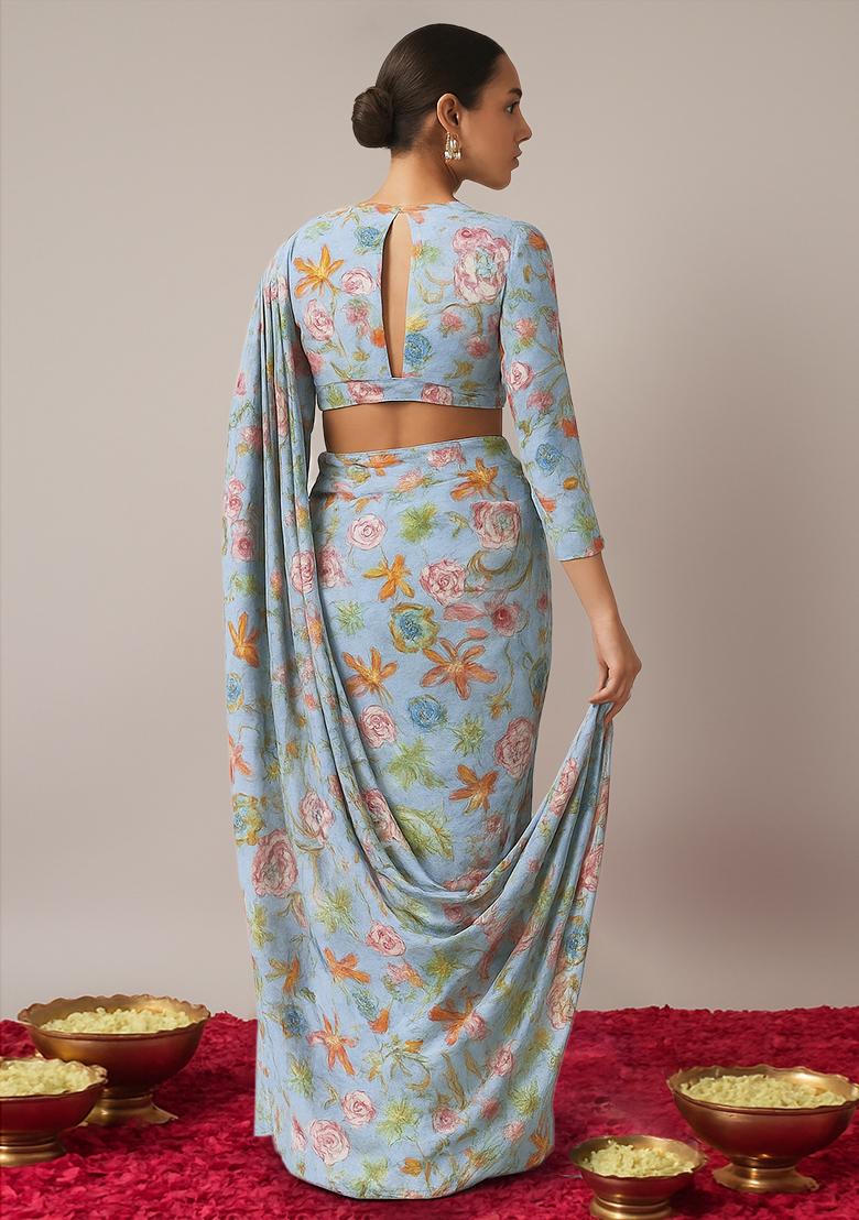 Blue Floral Print Chinon Pre Draped Saree Set - Indya
