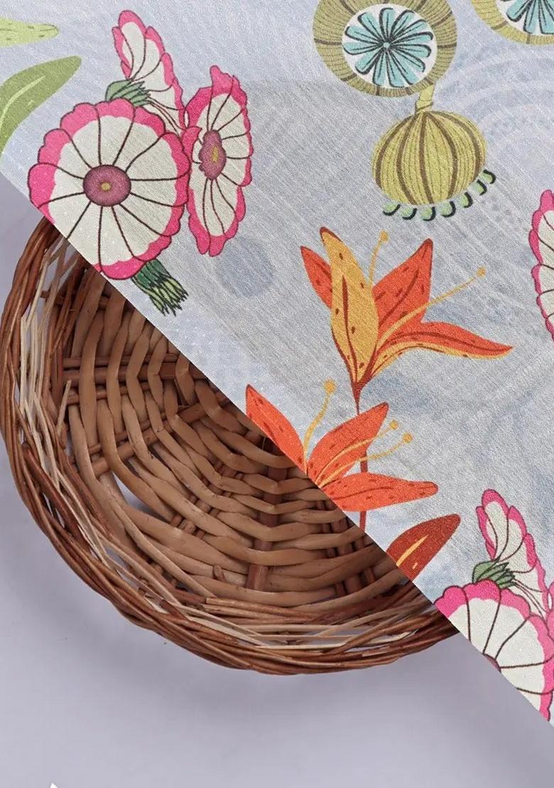 Blue Floral Print Chinon Pre Draped Saree Set - Indya