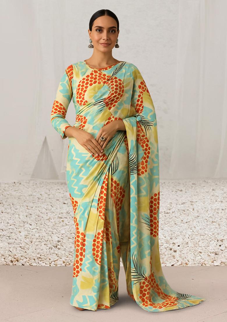 Multi Color Abstract Print Chinon Pre Draped Saree Set