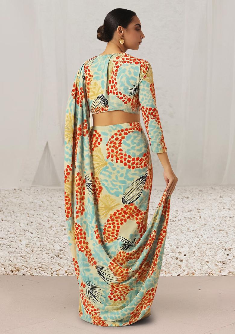 Multi Color Abstract Print Chinon Pre Draped Saree Set - Indya