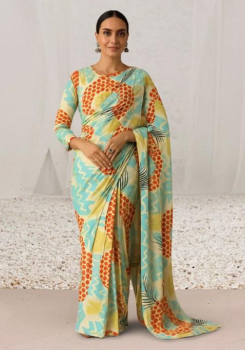 Multi Color Abstract Print Chinon Pre Draped Saree Set
