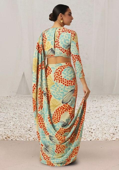 Multi Color Abstract Print Chinon Pre Draped Saree Set