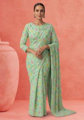 Green Floral Print Chinon Pre Draped Saree Set