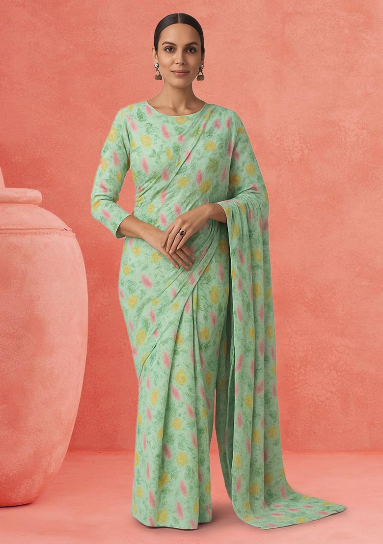 Green Floral Print Chinon Pre Draped Saree Set