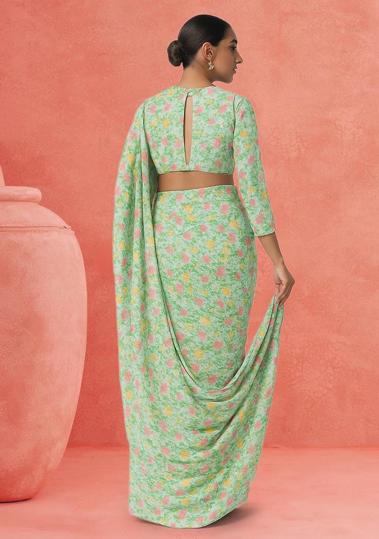 Green Floral Print Chinon Pre Draped Saree Set - Indya