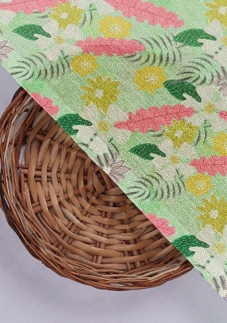 Green Floral Print Chinon Pre Draped Saree Set - Indya