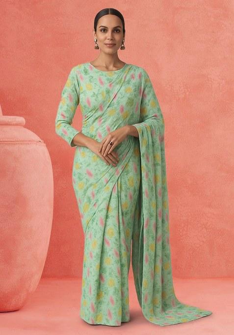 Green Floral Print Chinon Pre Draped Saree Set