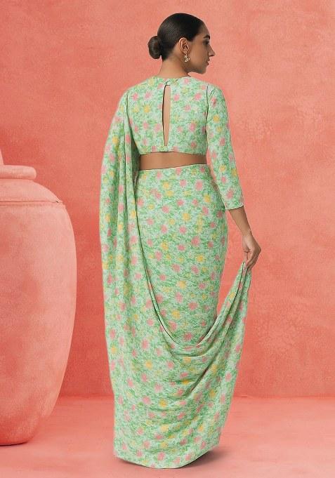 Green Floral Print Chinon Pre Draped Saree Set