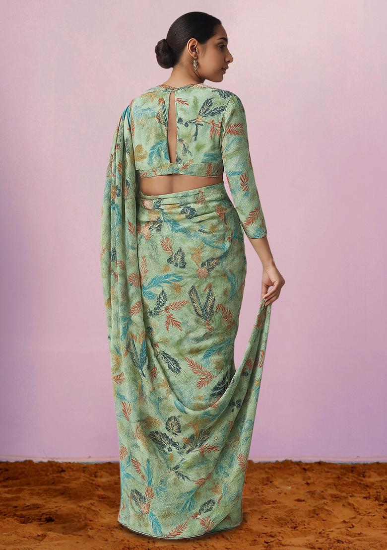 Multi Color Floral Print Chinon Pre Draped Saree Set - Indya