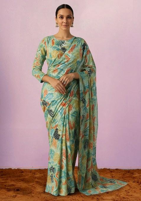 Multi Color Floral Print Chinon Pre Draped Saree Set