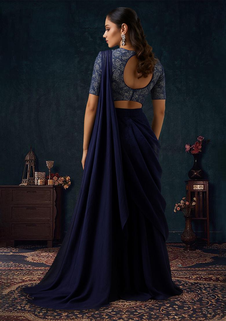 Navy Blue Embroidered Georgette Pre Draped Saree Set - Indya