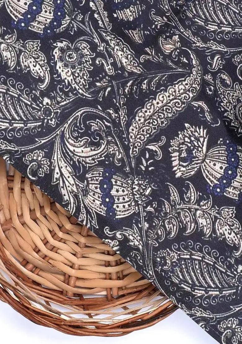 Navy Blue Embroidered Georgette Pre Draped Saree Set - Indya